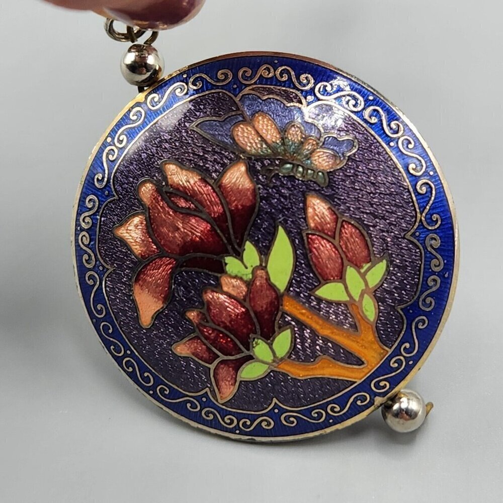 Cloisonne Enamel Inlay Lotus Flower Pendant Round Circular Blue Pink